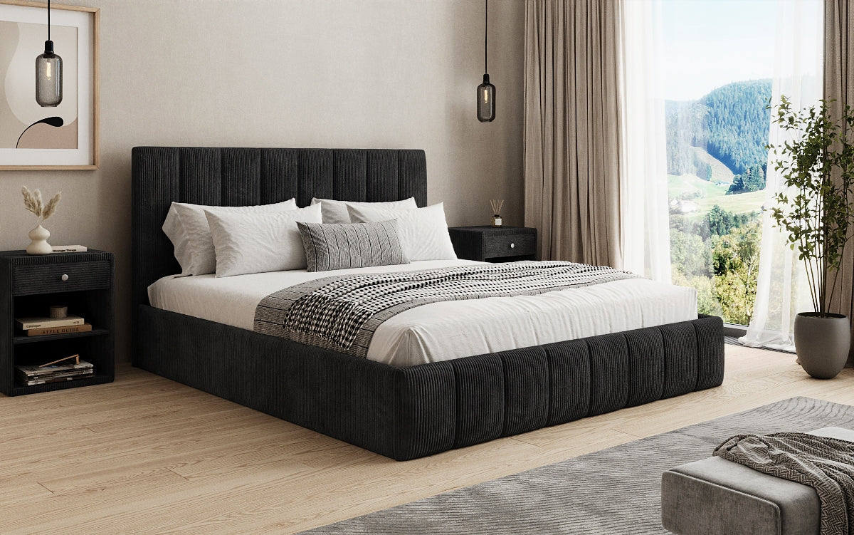 Designer gestoffeerd bed Mila in Ribstof met opbergruimte