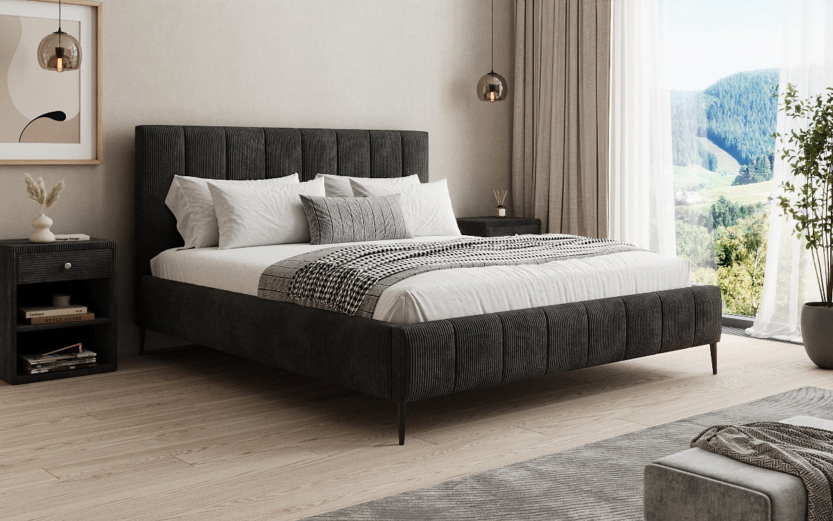 Designer gestoffeerd bed Astrid in Ribstof met opbergruimte
