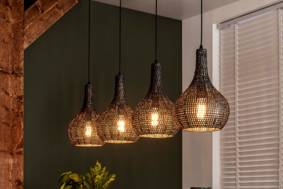 Hanglamp "Elviro" – Met 4 conische, handgemaakte lampenkappen van Metaal in zwart-brons