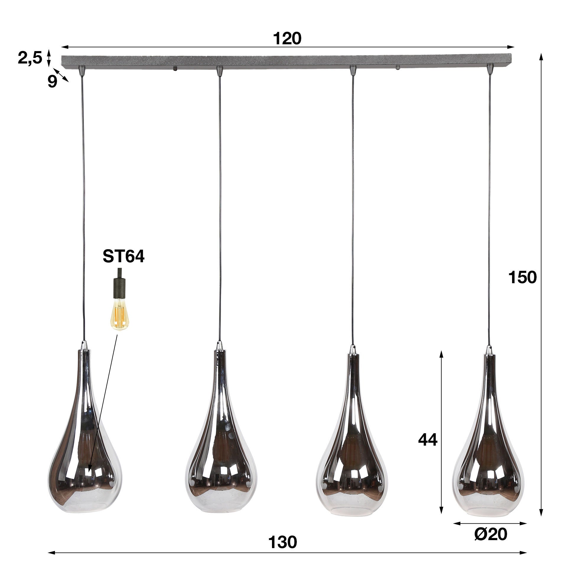 Suspension Mirano – Verre chromé avec effet miroir (4 flammes)