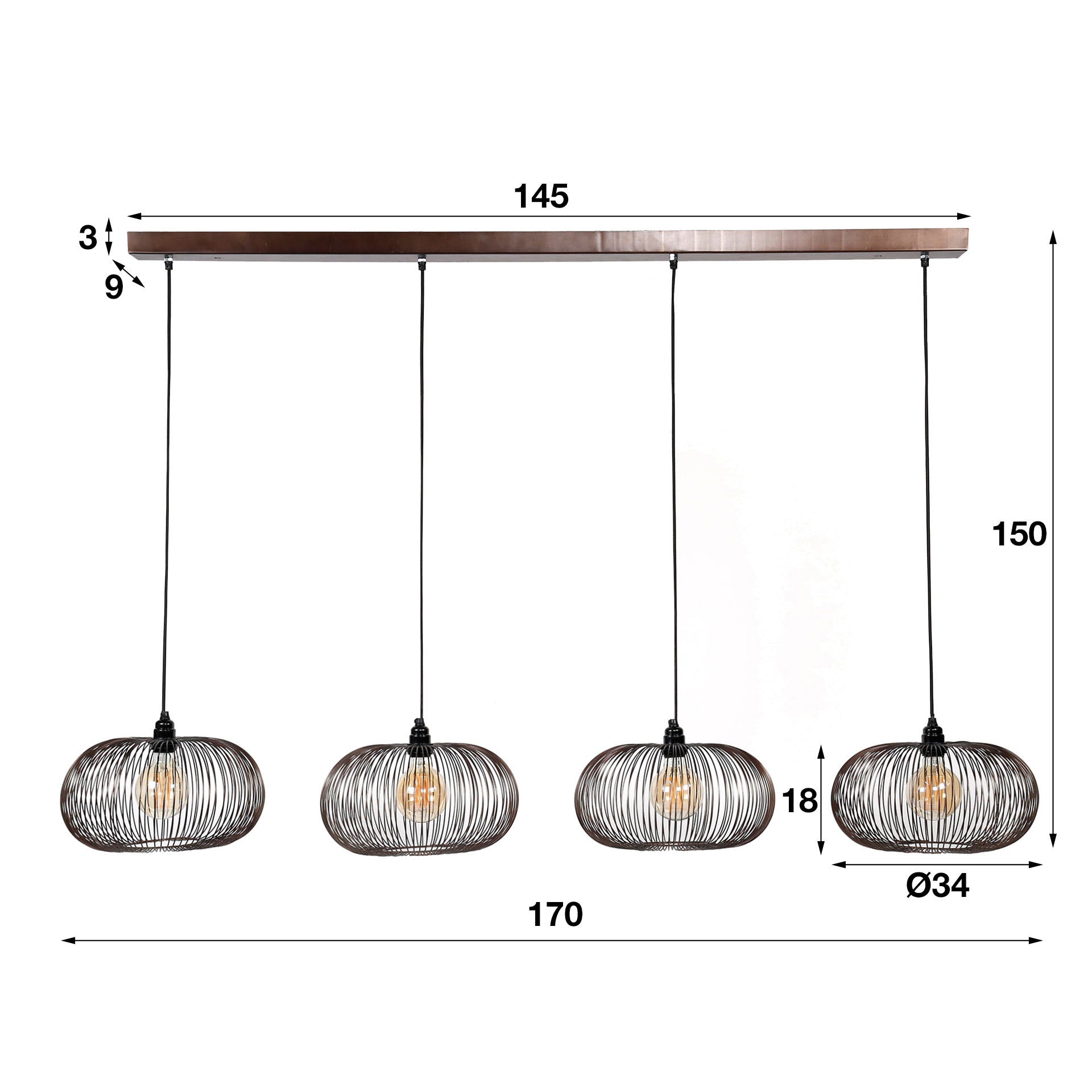 Hanglamp Aurex Quad – Metalen schijven in zwartnikkel met gouden accenten (4-lichts)
