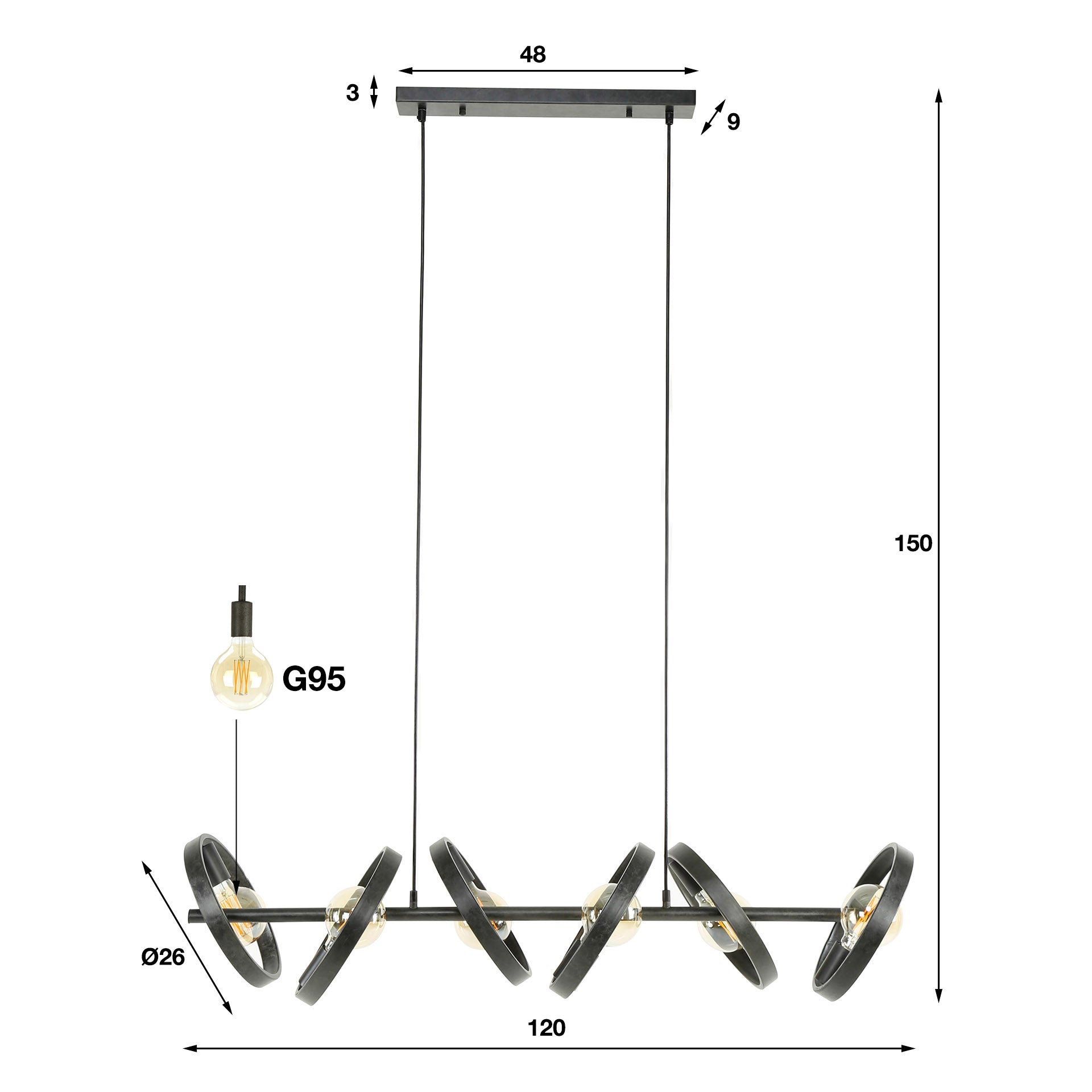 Hanglamp Arkon – metalen frame in steenkoolkleur met industriële uitstraling (6-lichts)