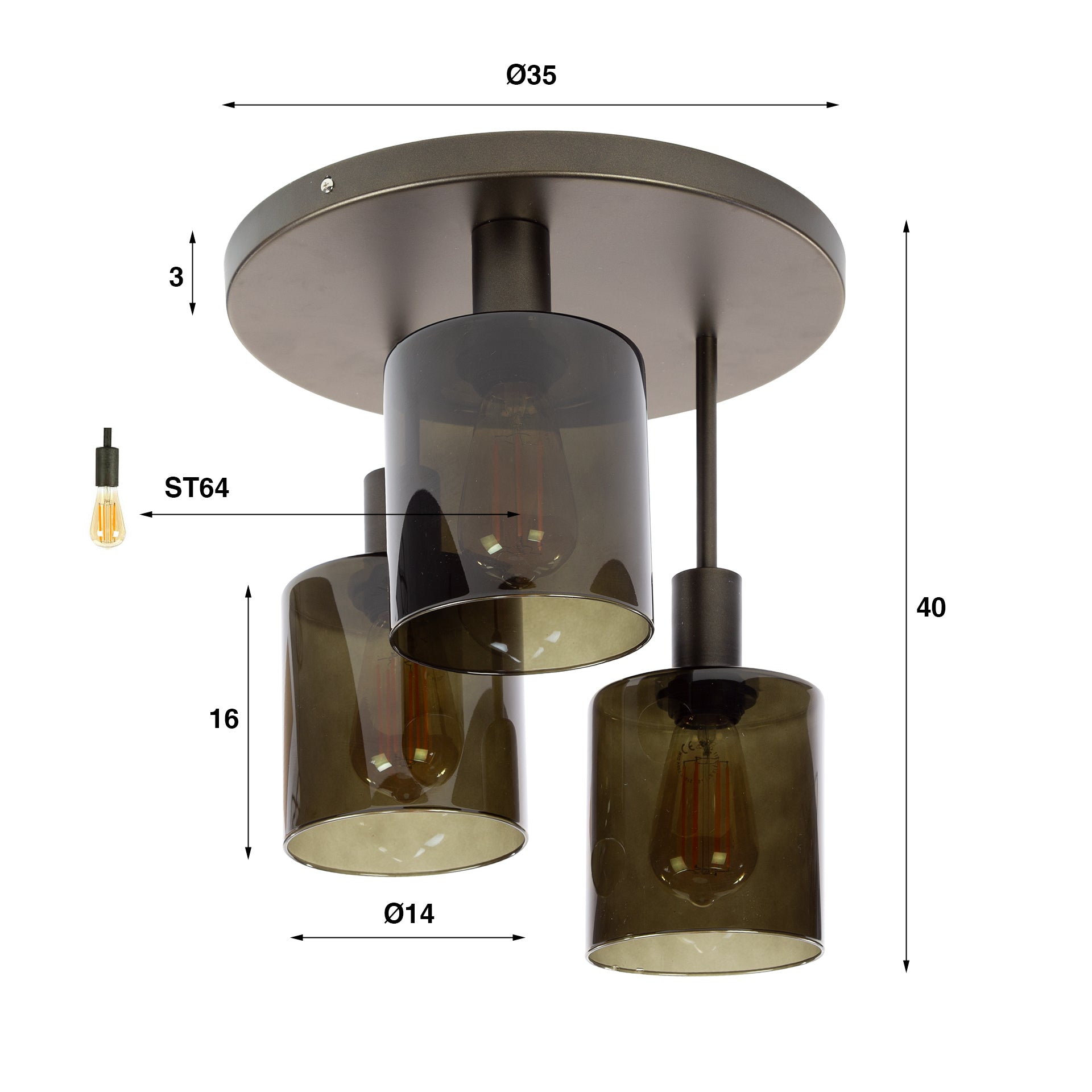 Plafondlamp „Seravo“ – metalen lamp in bruin met glazen kappen