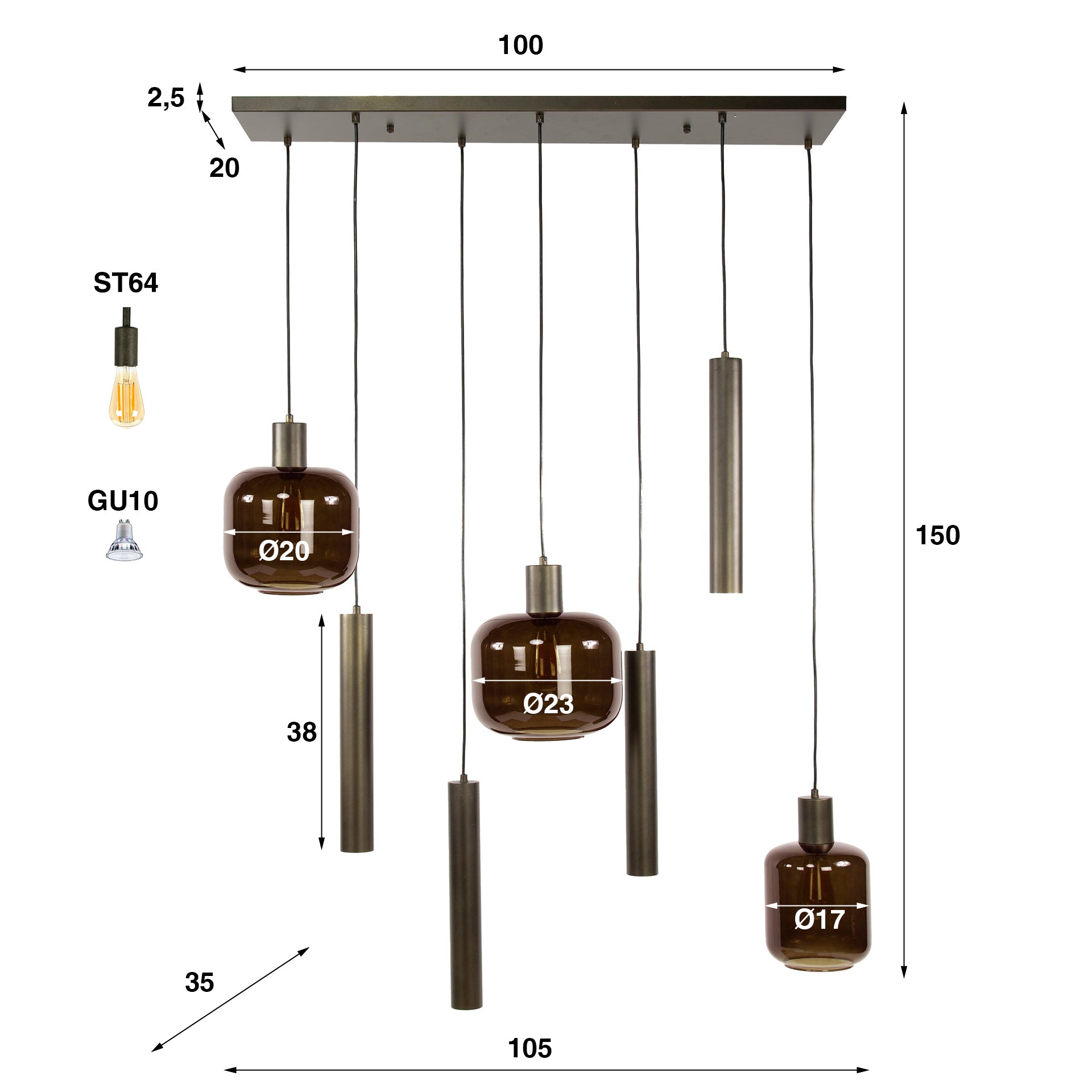 Suspension Sokka – 7 lampes avec abat-jours en métal et verre marron