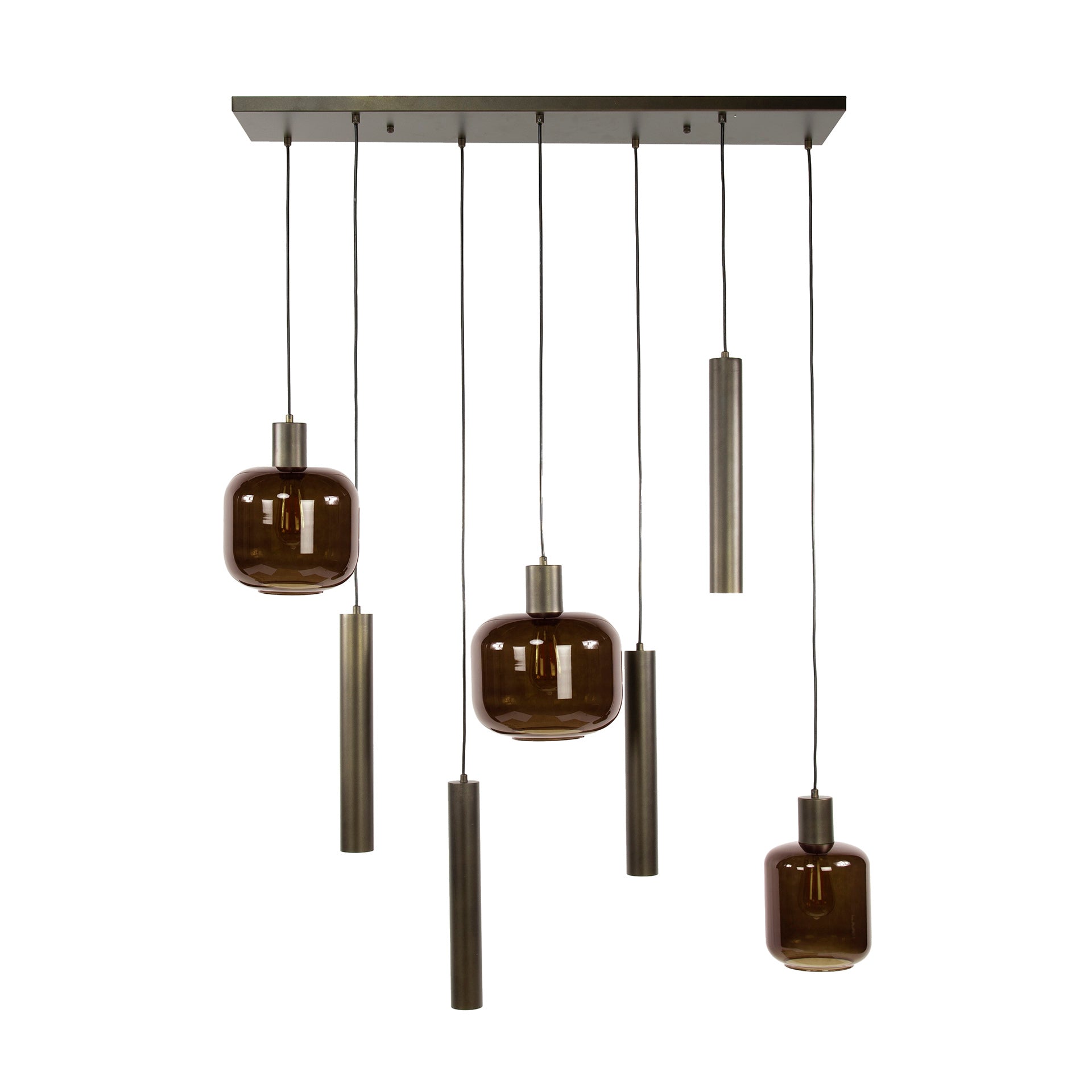 Suspension Sokka – 7 lampes avec abat-jours en métal et verre marron