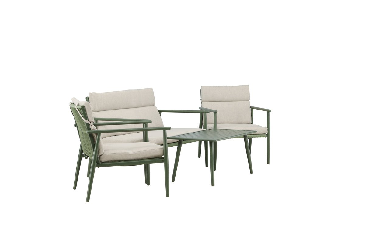 Ensemble lounge de jardin Marlen – en Vert & Beige avec canapé, fauteuils & table