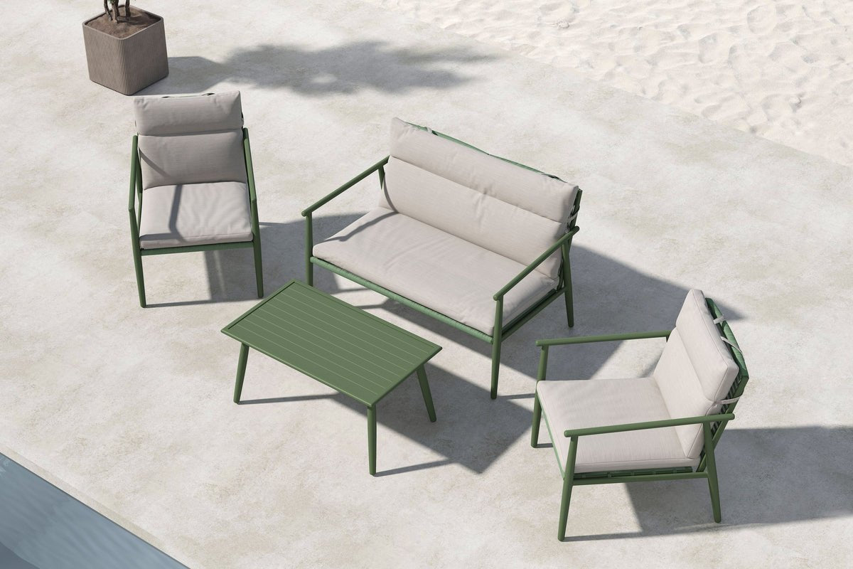 Ensemble lounge de jardin Marlen – en Vert & Beige avec canapé, fauteuils & table