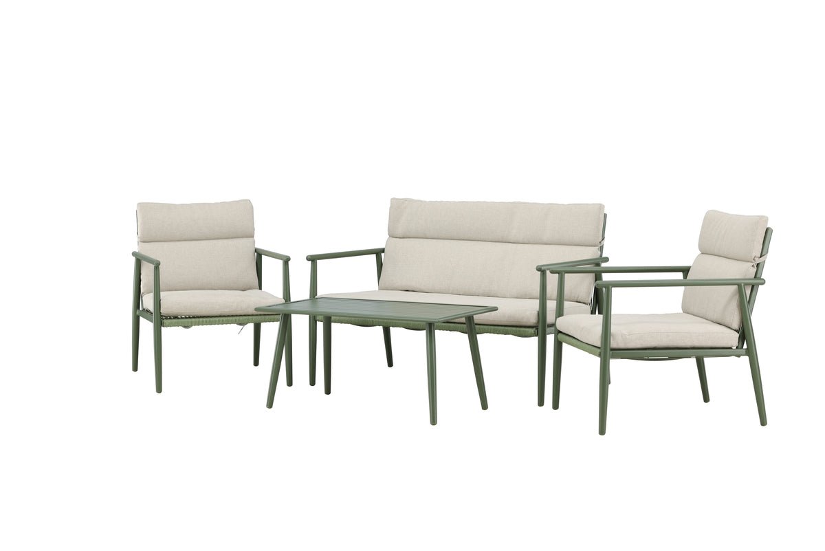Ensemble lounge de jardin Marlen – en Vert & Beige avec canapé, fauteuils & table