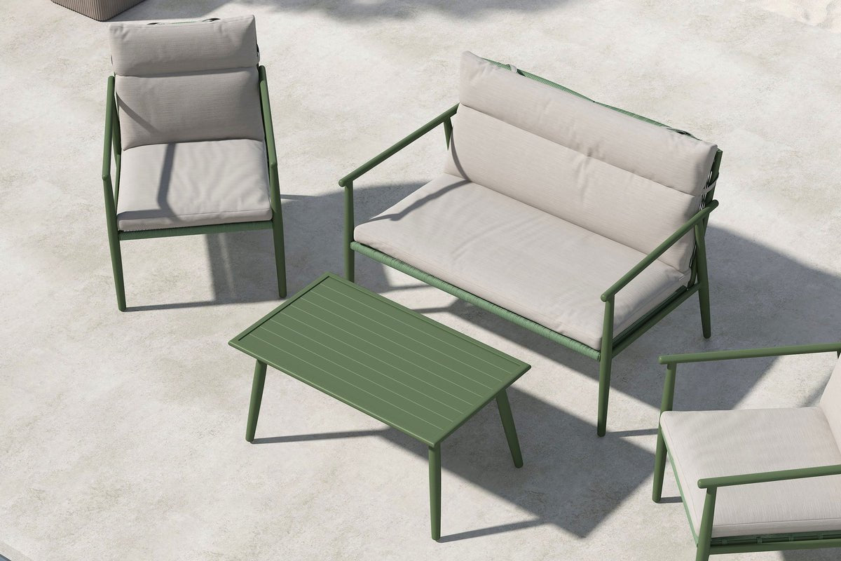 Ensemble lounge de jardin Marlen – en Vert & Beige avec canapé, fauteuils & table