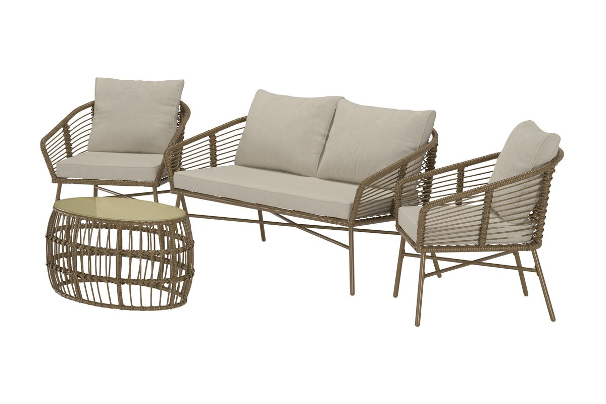 Ensemble lounge de jardin Anton – en marron avec plateau en verre et coussins