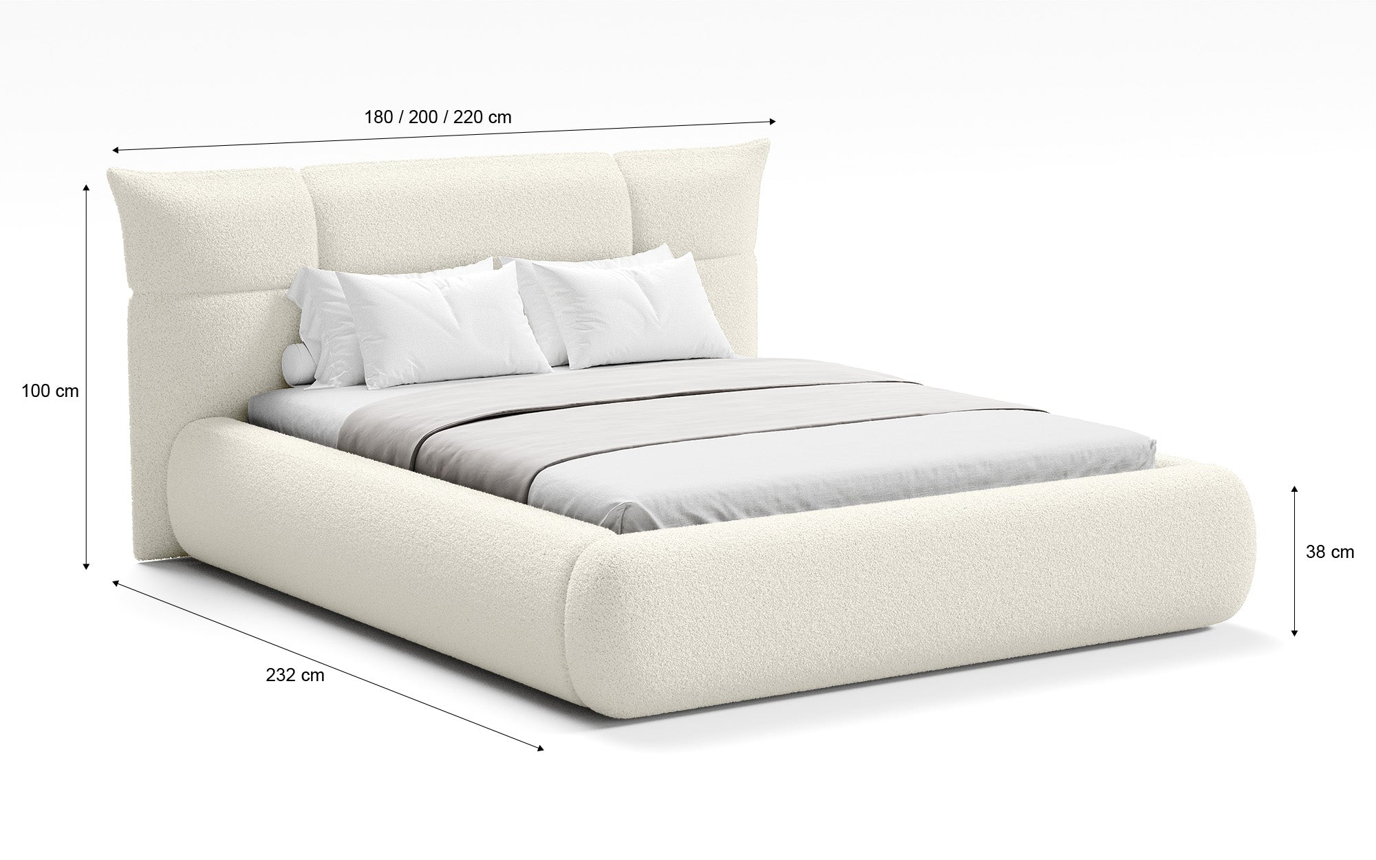 Lit rembourré design Gioia en Peluche Bouclé avec espace de rangement