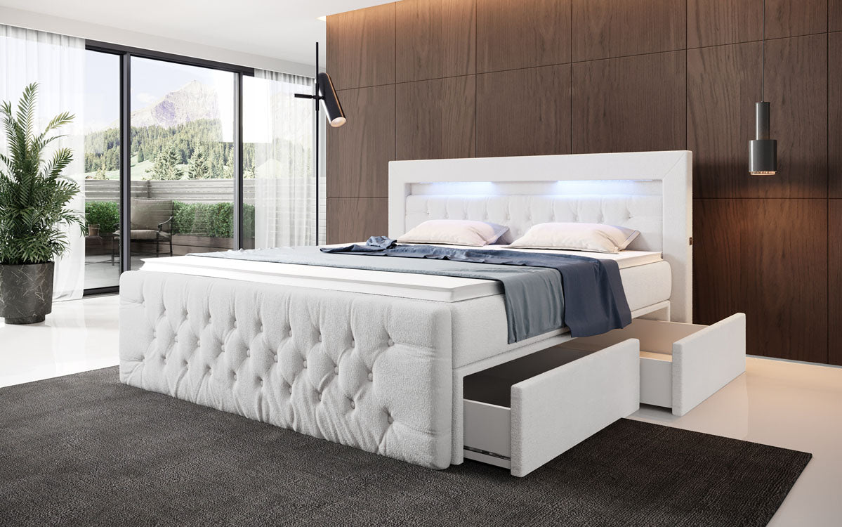 Boxspringbett Menzogna Bouclé met LED en opbergruimte (2 laden)
