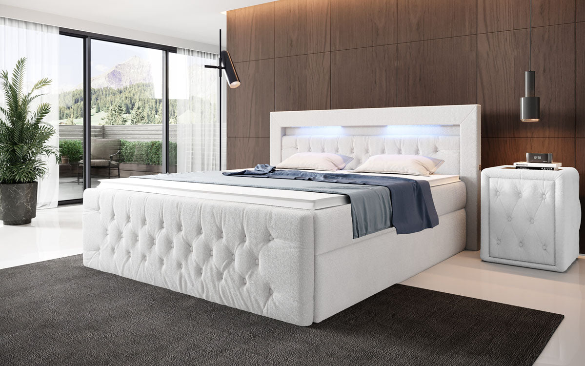Boxspringbett Menzogna Bouclé met LED en opbergruimte (2 laden)