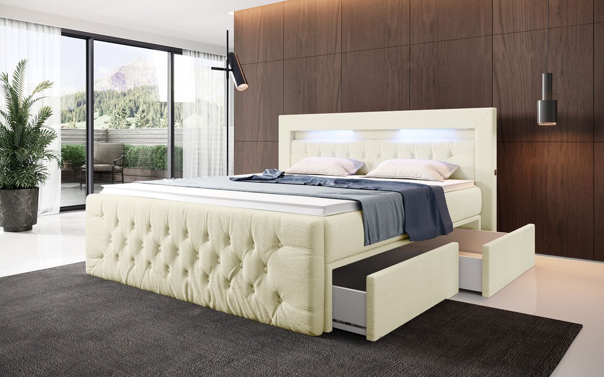 Boxspringbett Menzogna Bouclé met LED en opbergruimte (2 laden)