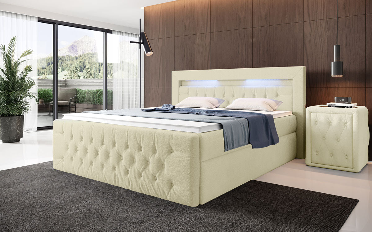 Boxspringbett Menzogna Bouclé met LED en opbergruimte (2 laden)