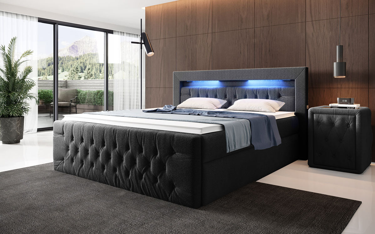 Boxspringbett Menzogna Bouclé met LED en opbergruimte (2 laden)