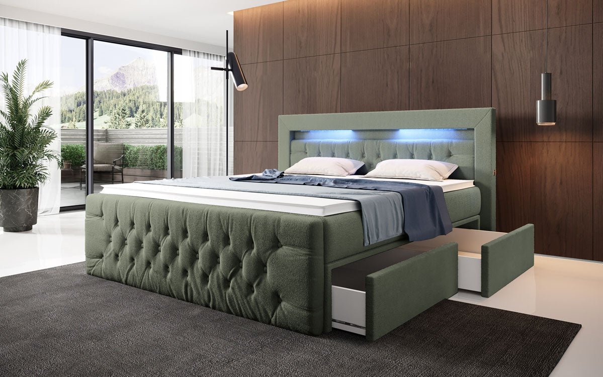 Boxspringbett Menzogna Bouclé met LED en opbergruimte (2 laden)