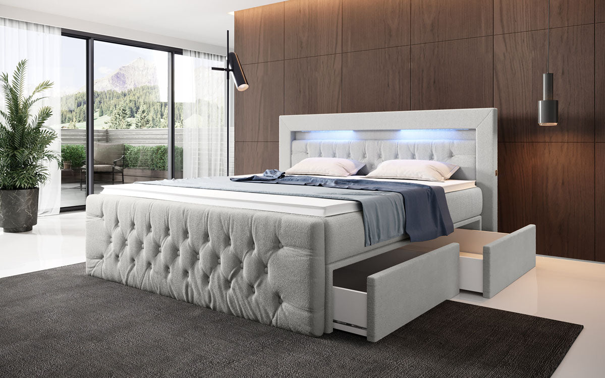 Boxspringbett Menzogna Bouclé met LED en opbergruimte (2 laden)