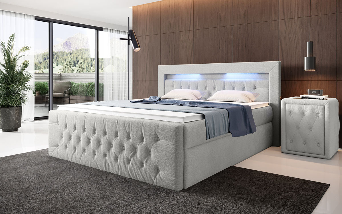 Boxspringbett Menzogna Bouclé met LED en opbergruimte (2 laden)