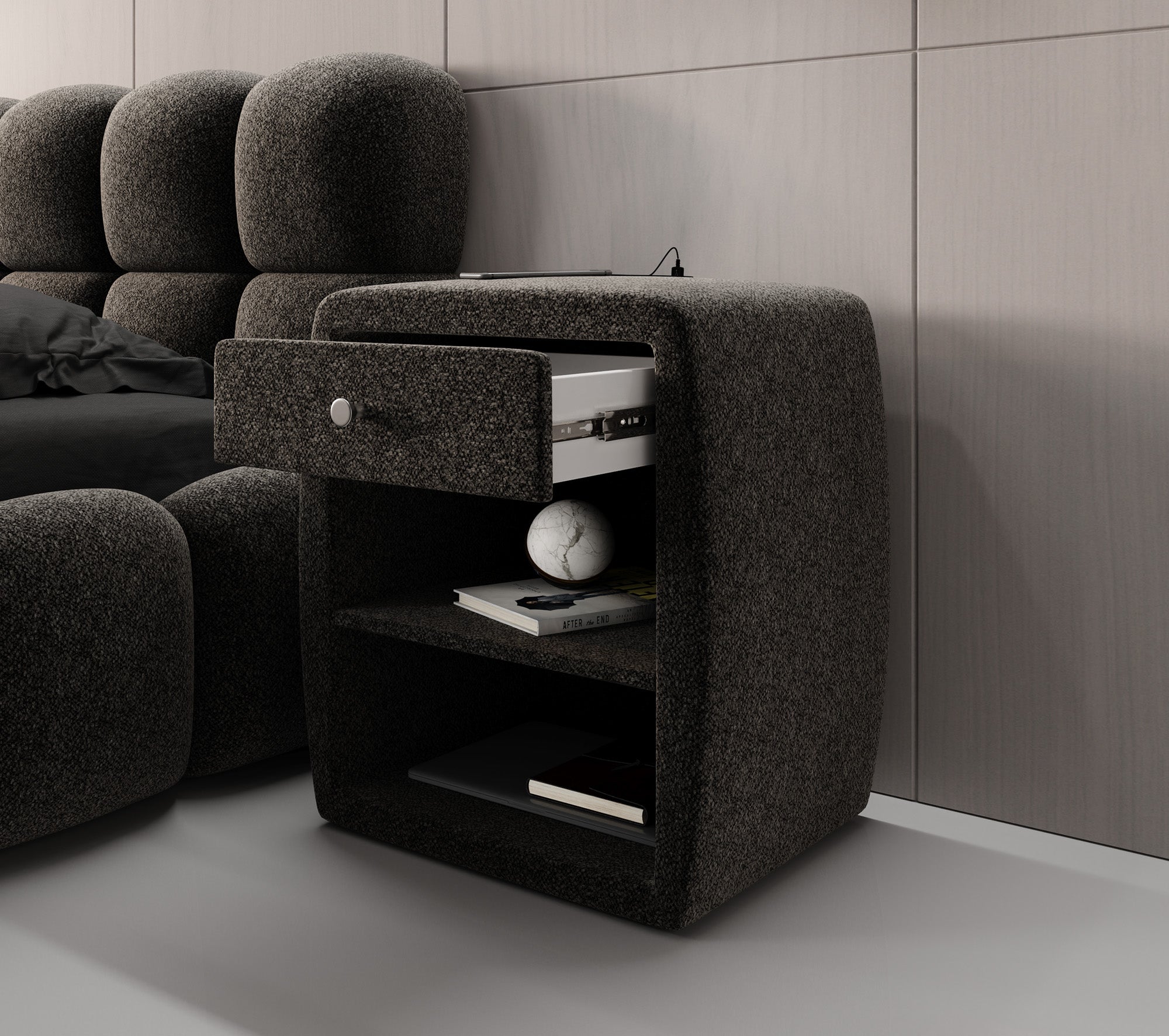 Design-nachtkastje Lilly met USB-aansluiting in structuurstof