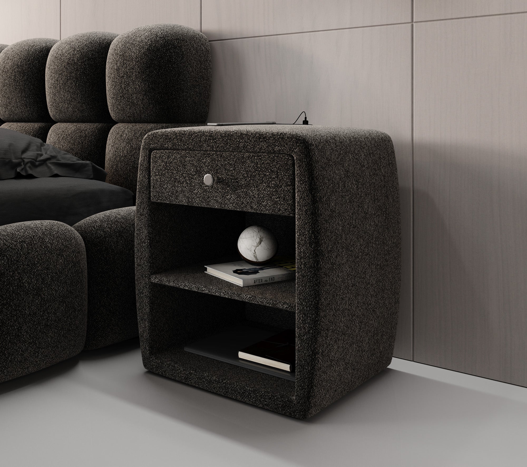 Design-nachtkastje Lilly met USB-aansluiting in structuurstof