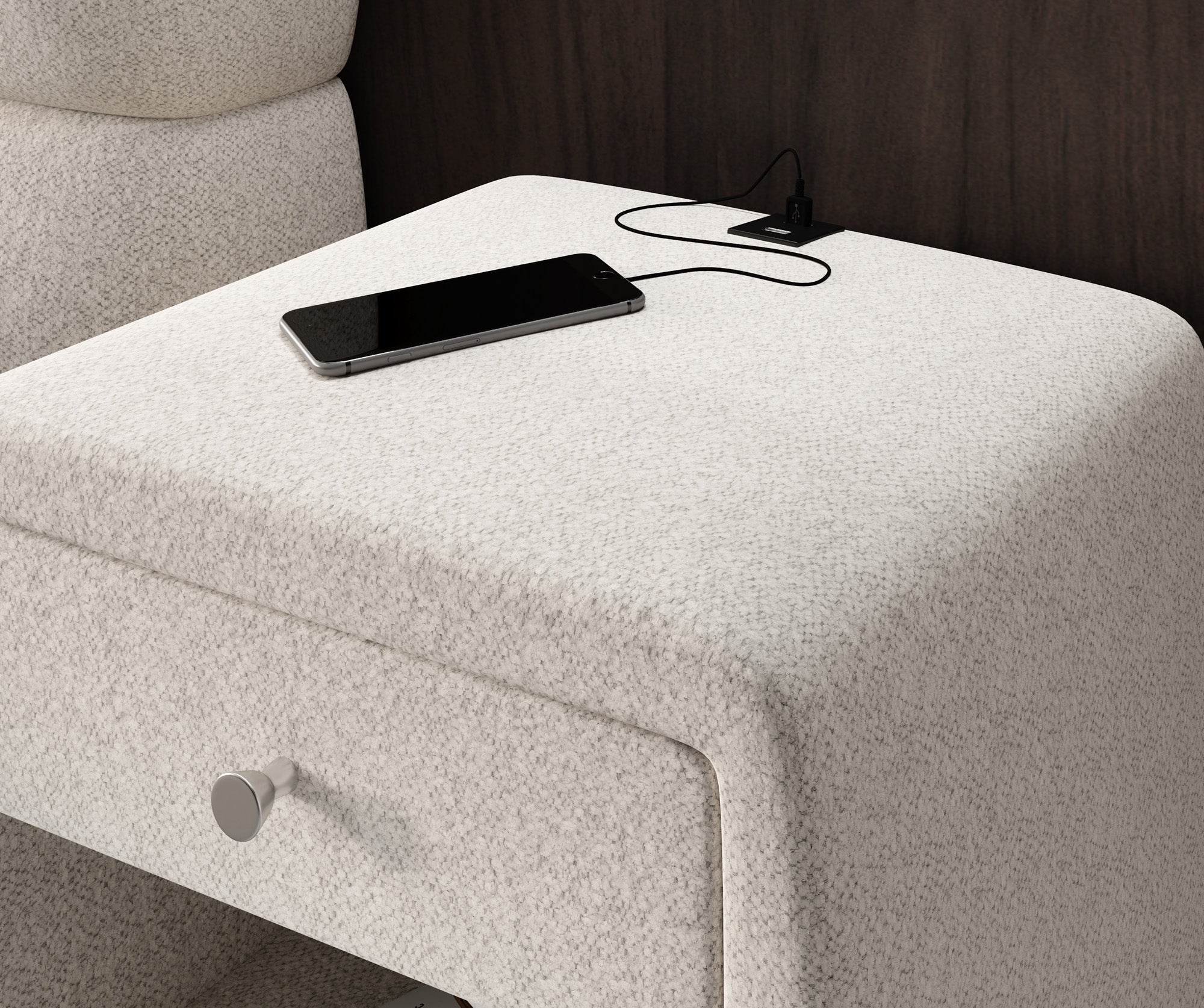 Design-nachtkastje Lilly met USB-aansluiting in structuurstof