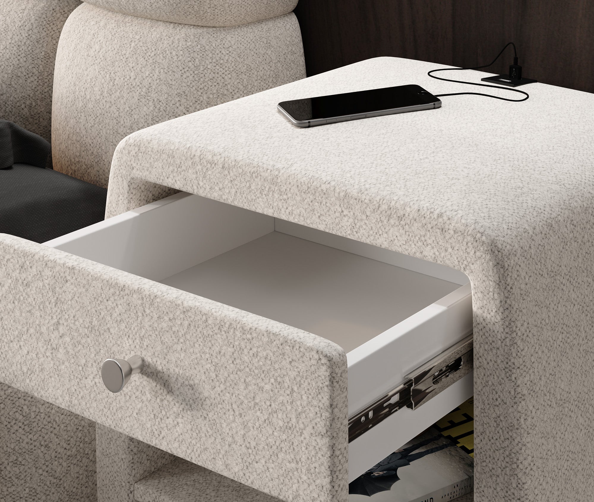 Design-nachtkastje Lilly met USB-aansluiting in structuurstof