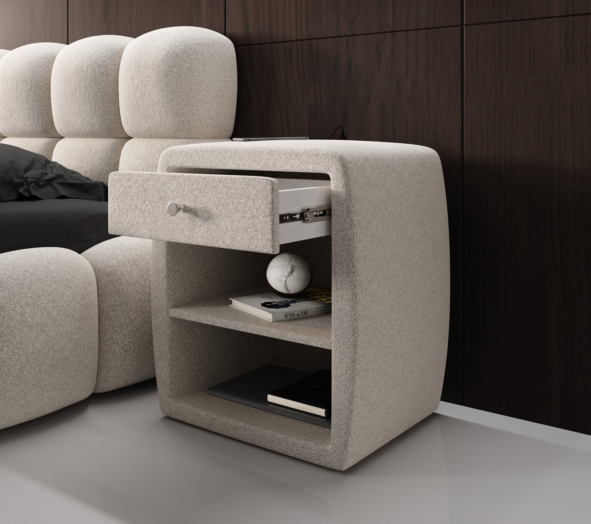 Design-nachtkastje Lilly met USB-aansluiting in structuurstof