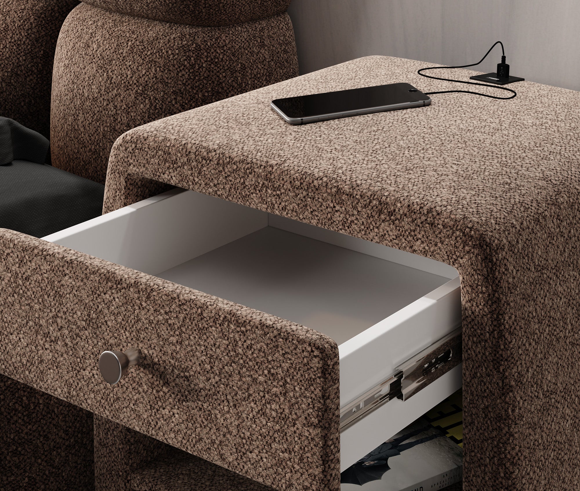 Design-nachtkastje Lilly met USB-aansluiting in structuurstof