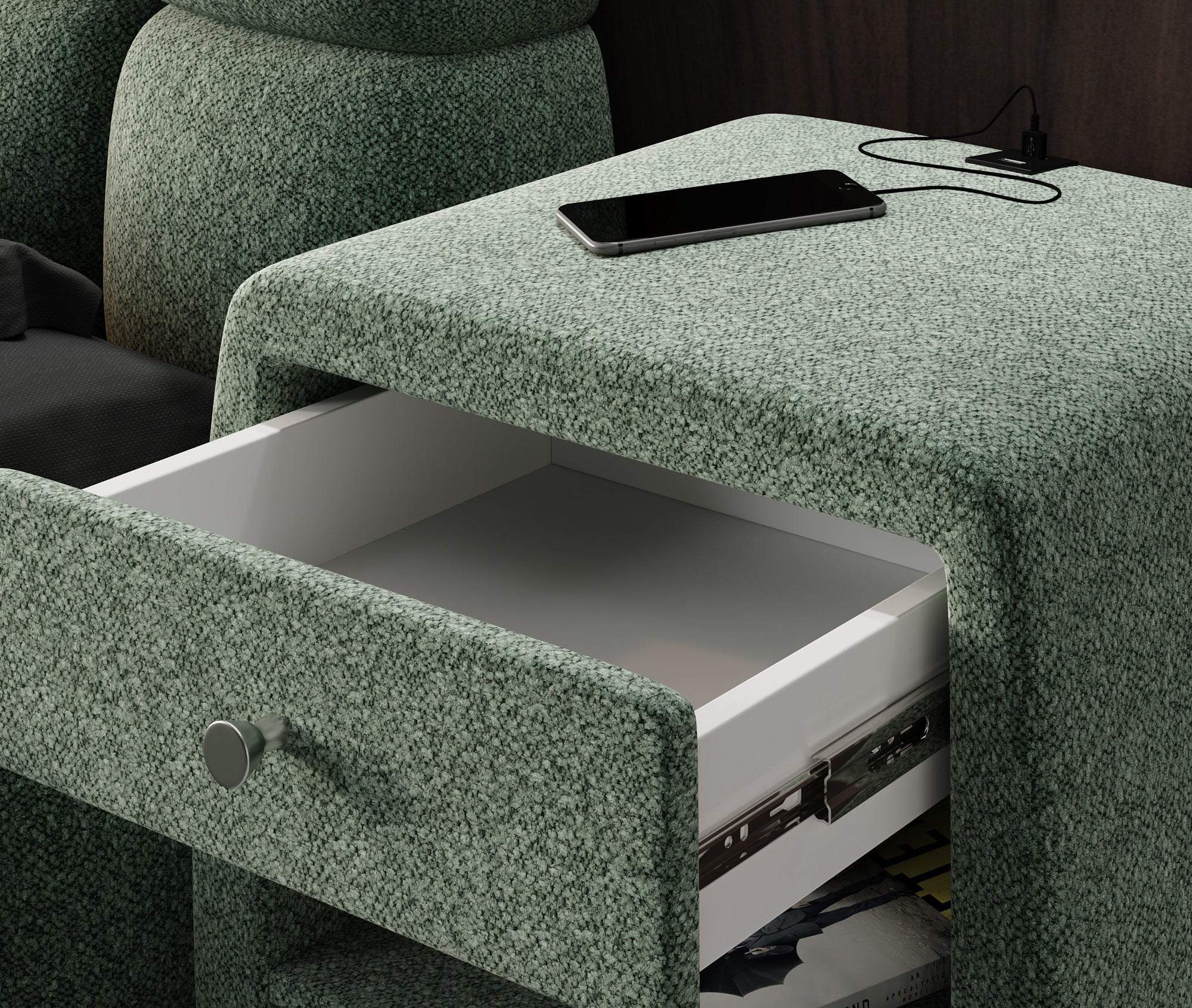 Design-nachtkastje Lilly met USB-aansluiting in structuurstof