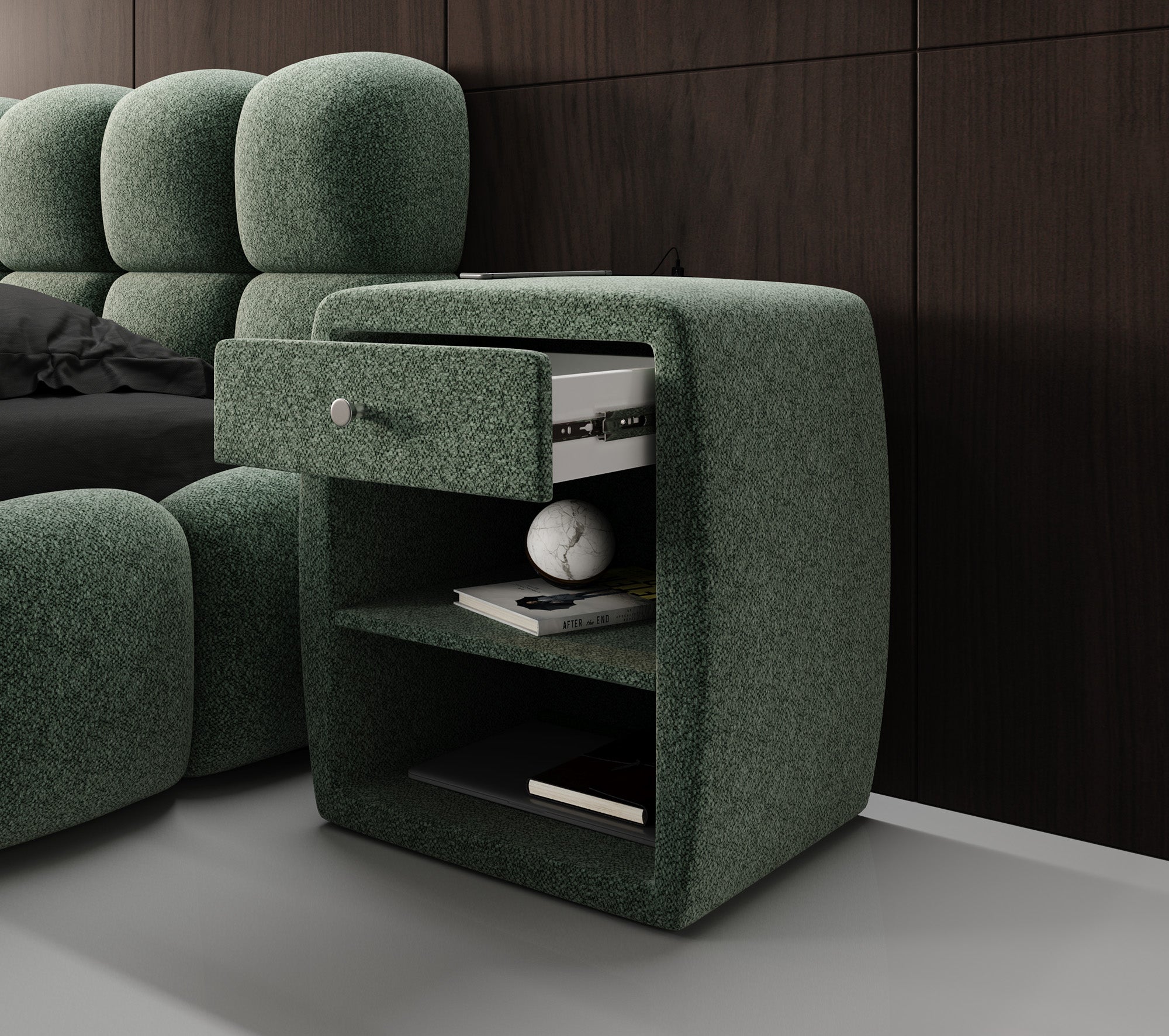 Design-nachtkastje Lilly met USB-aansluiting in structuurstof