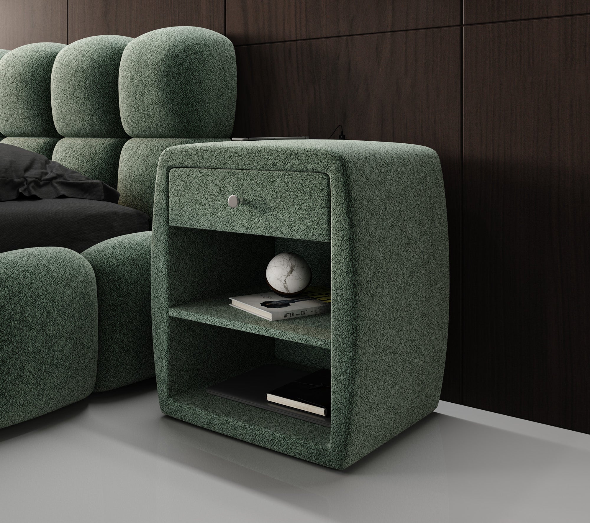 Design-nachtkastje Lilly met USB-aansluiting in structuurstof