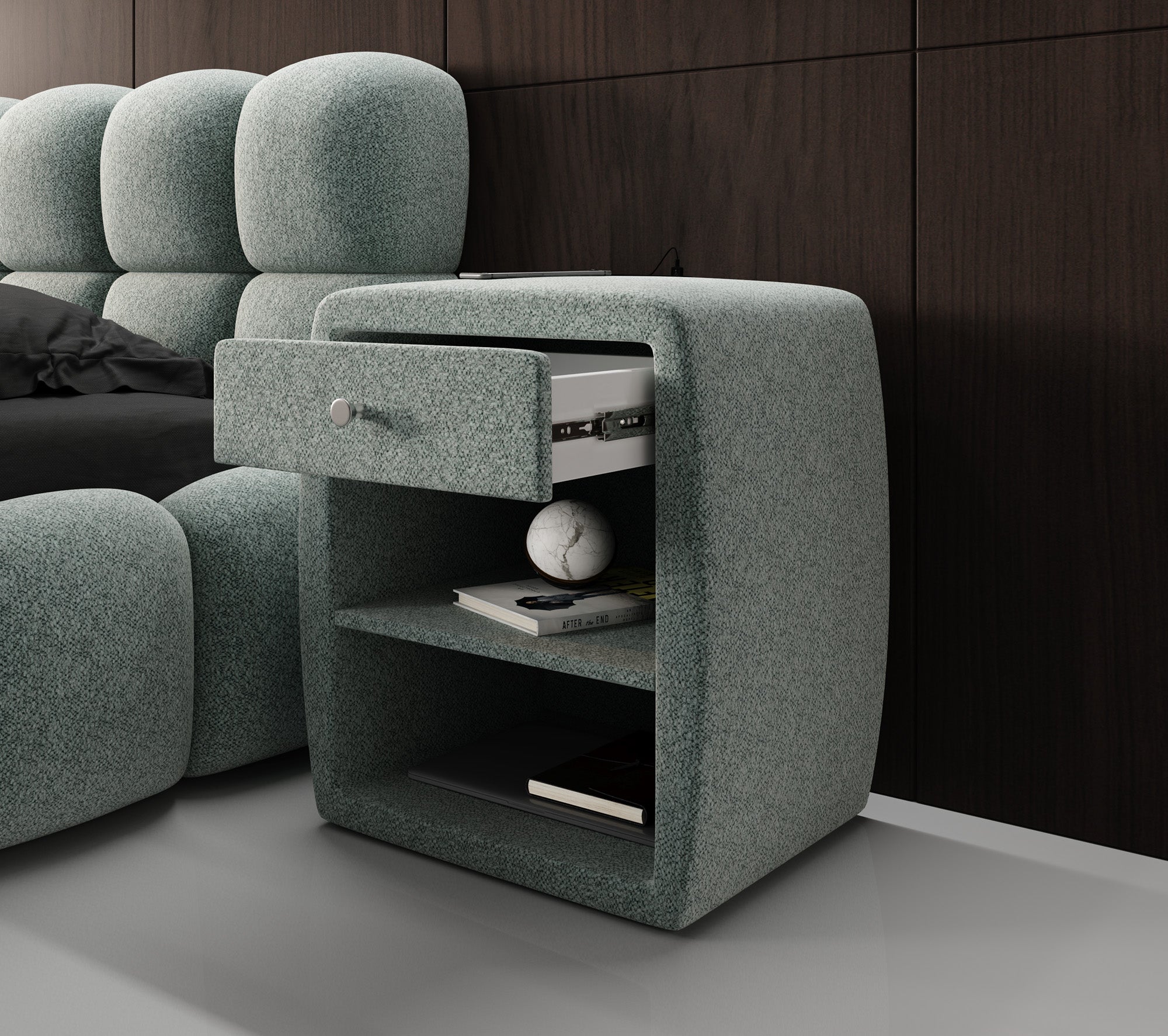 Design-nachtkastje Lilly met USB-aansluiting in structuurstof