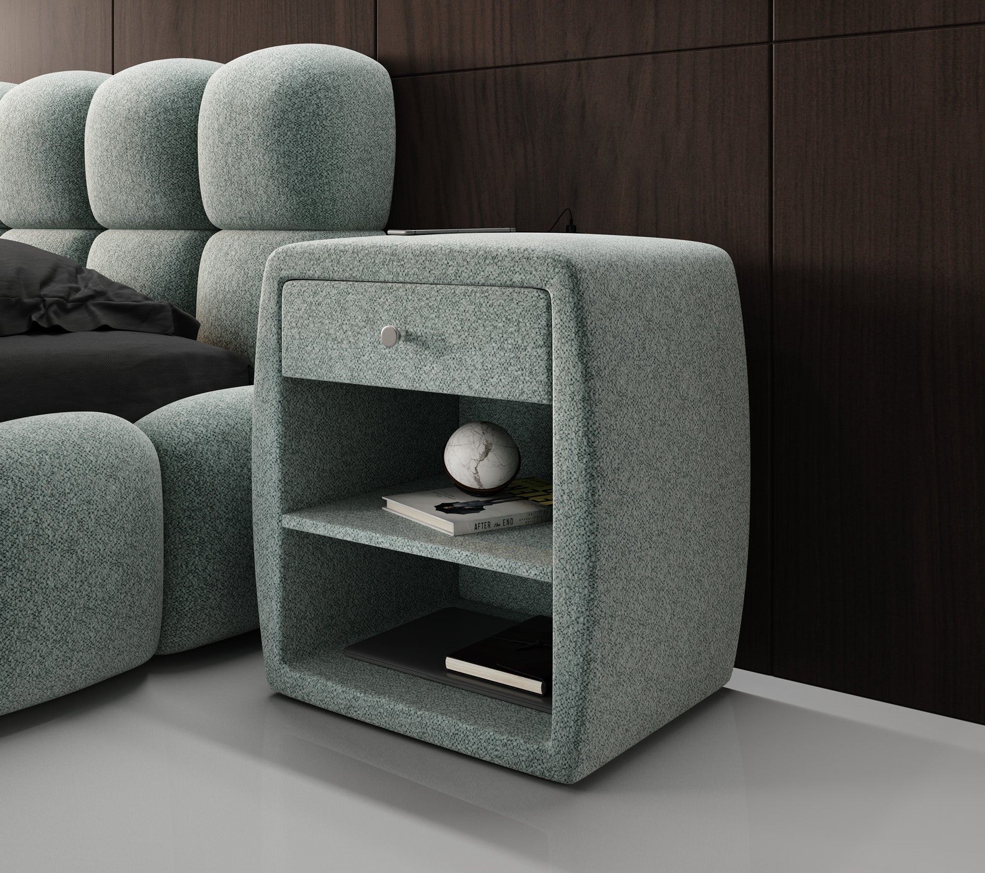 Design-nachtkastje Lilly met USB-aansluiting in structuurstof