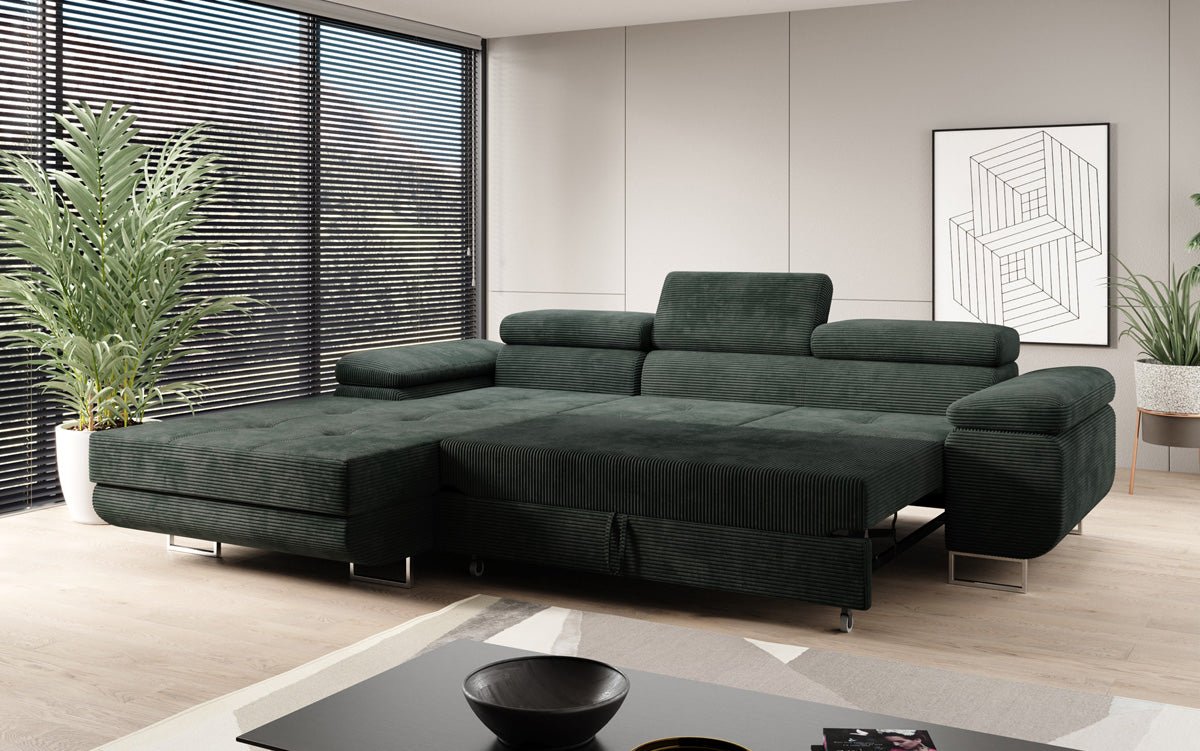 Designersofa Calvera met slaap- en klapfunctie in ribstof