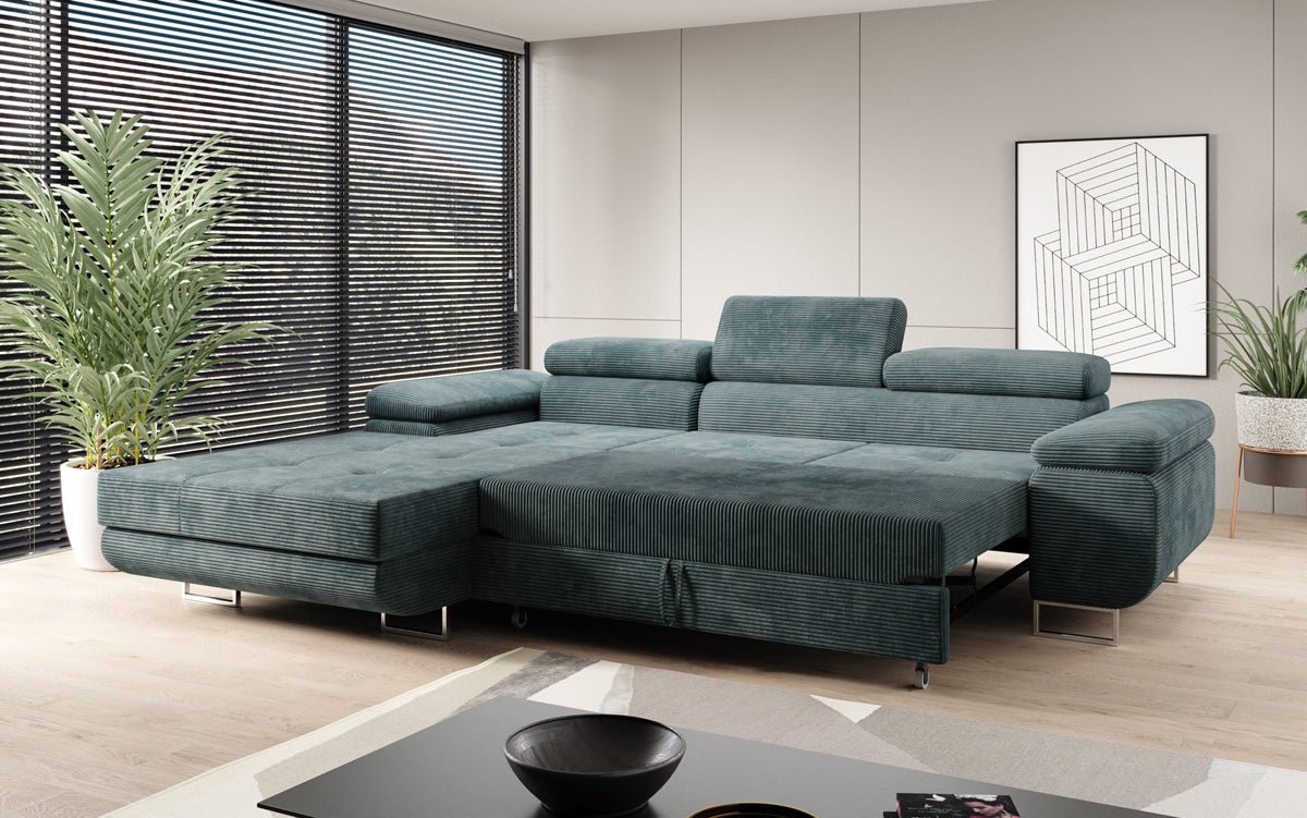 Designersofa Calvera met slaap- en klapfunctie in ribstof