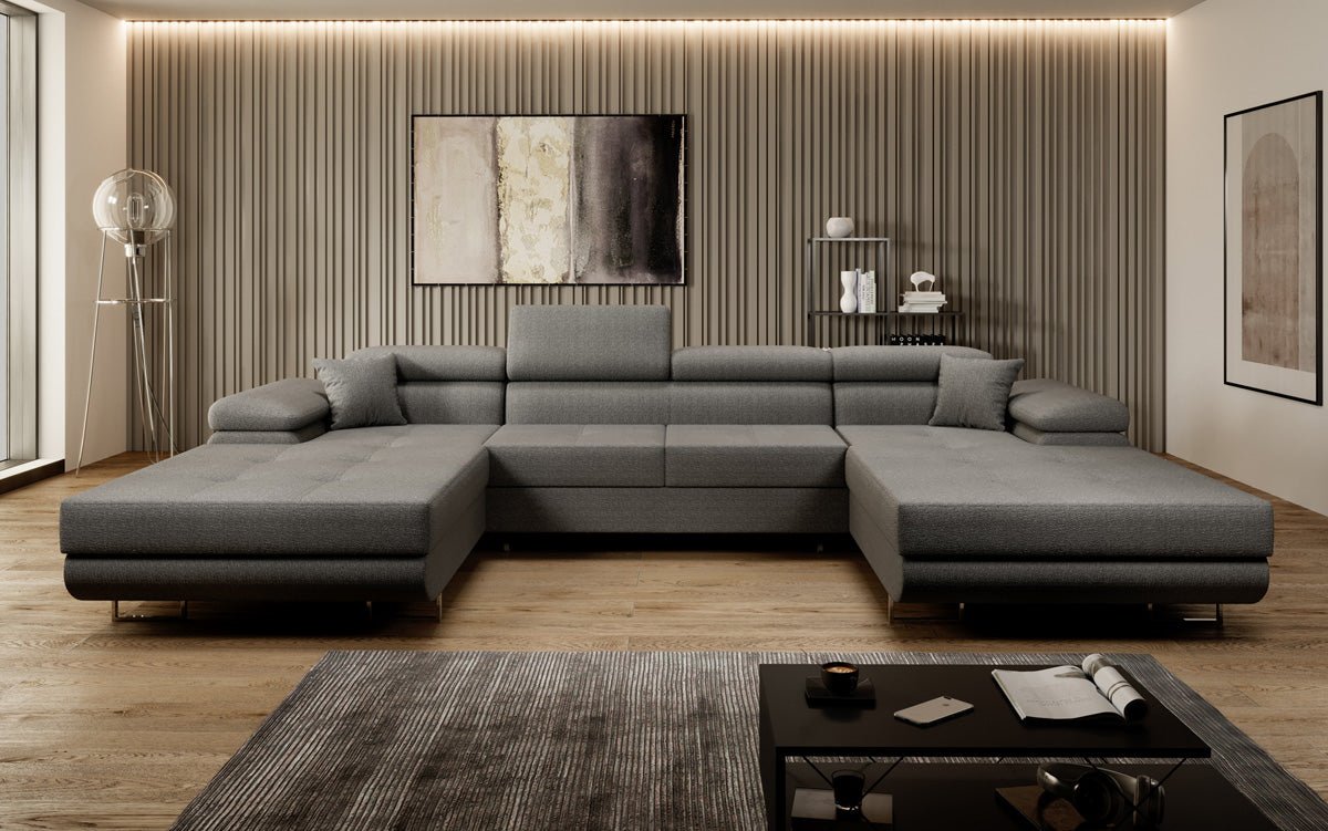 Canapé designer Calvera U avec fonction couchage et rabattable en Bouclé