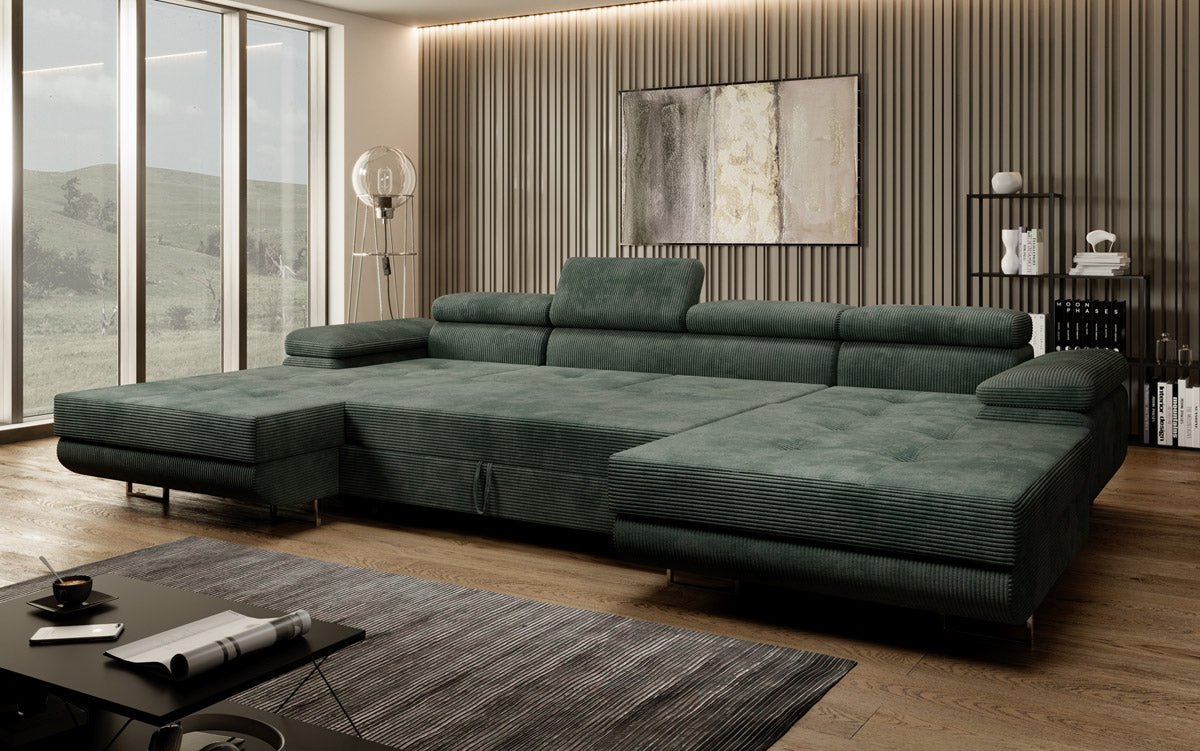 Designer Sofa Calvera U with Sleeping and Folding Function in Corduroy