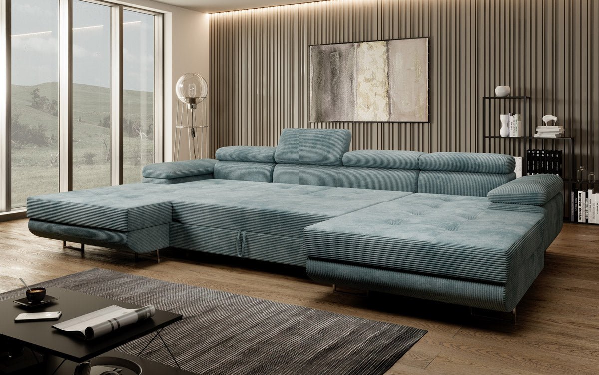 Designer Sofa Calvera U with Sleeping and Folding Function in Corduroy