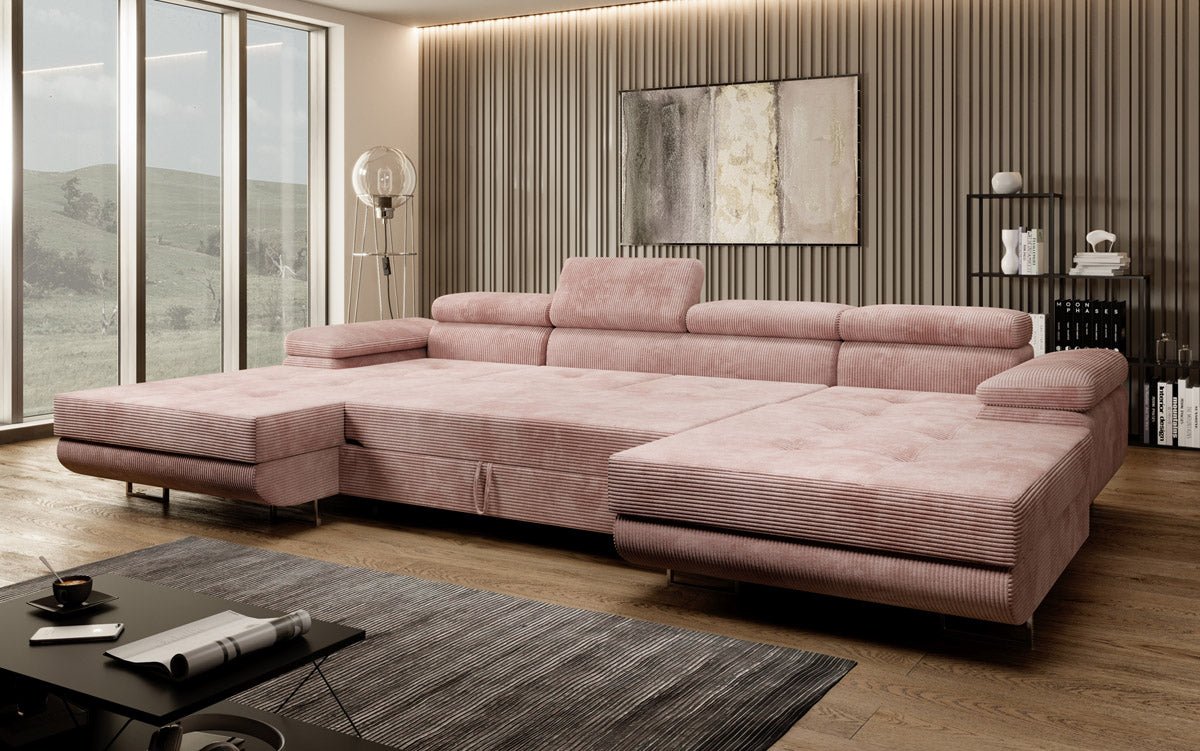Designer Sofa Calvera U with Sleeping and Folding Function in Corduroy