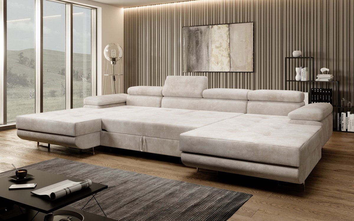 Designer Sofa Calvera U with Sleeping and Folding Function in Corduroy