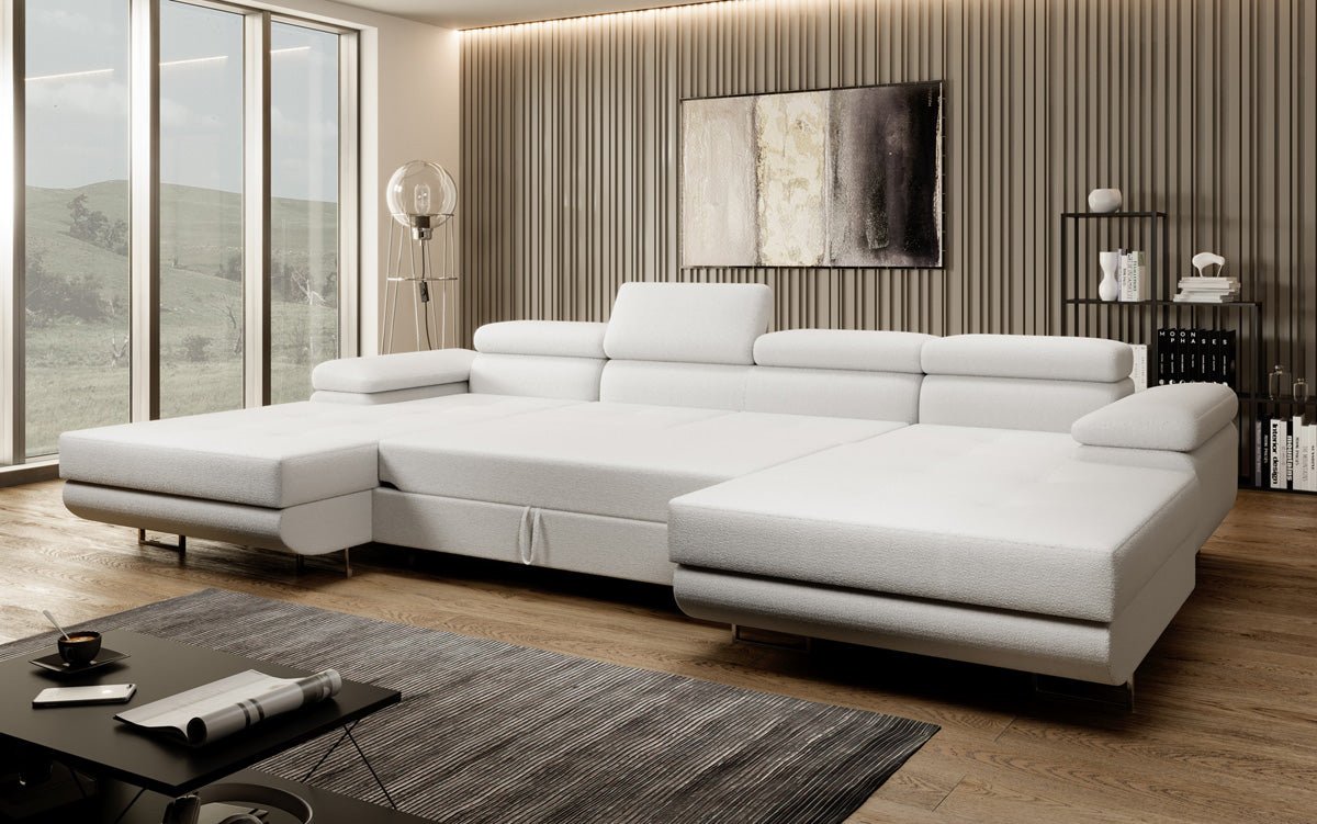 Canapé designer Calvera U avec fonction couchage et rabattable en Bouclé