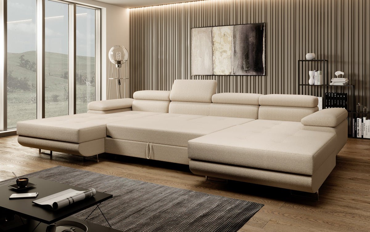 Canapé designer Calvera U avec fonction couchage et rabattable en Bouclé