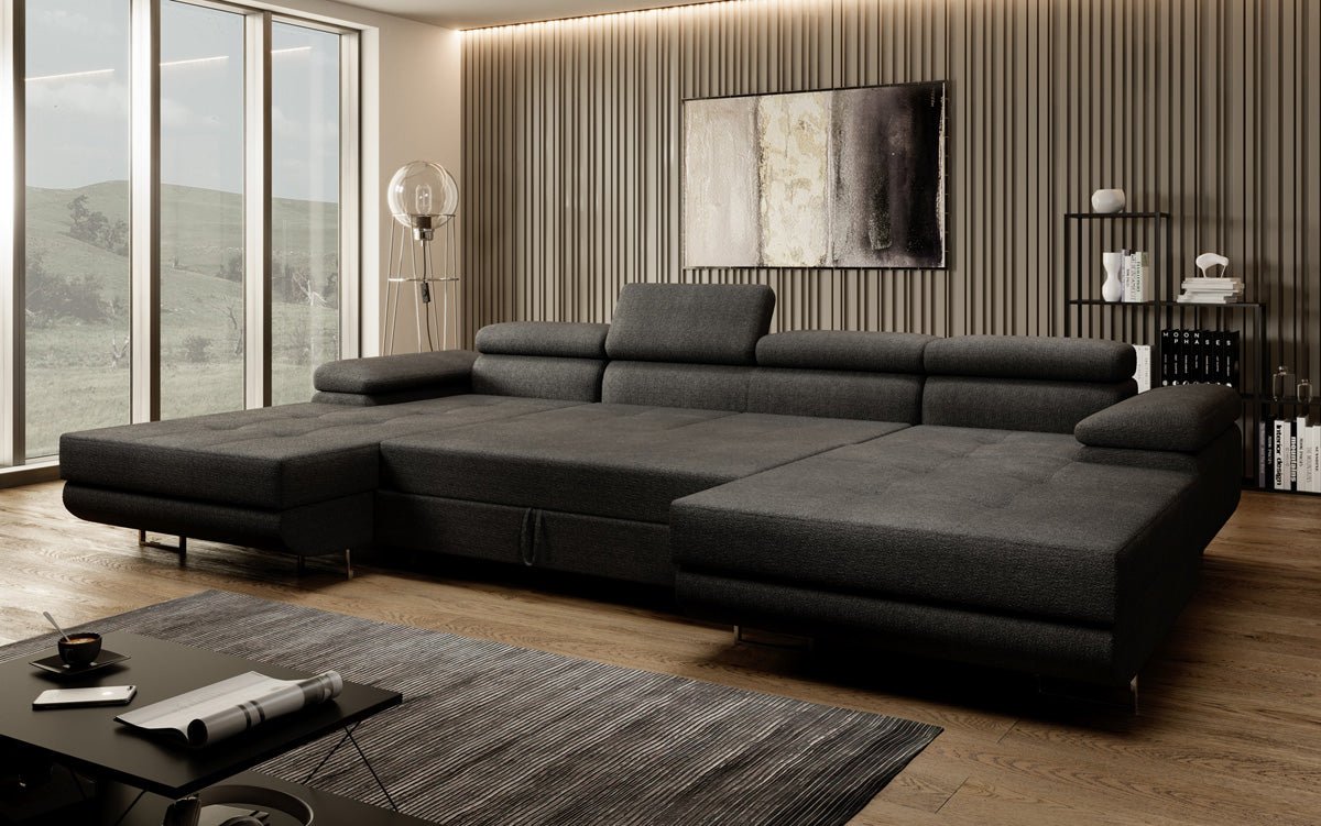 Canapé designer Calvera U avec fonction couchage et rabattable en Bouclé