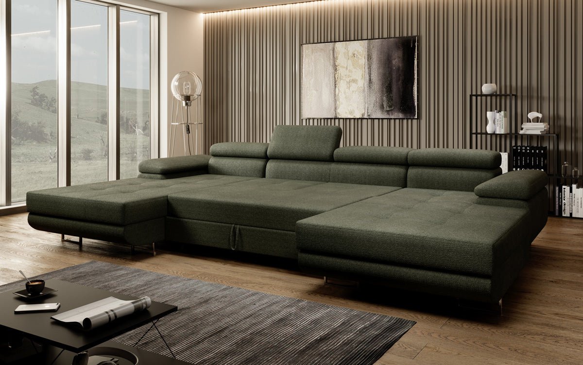 Canapé designer Calvera U avec fonction couchage et rabattable en Bouclé