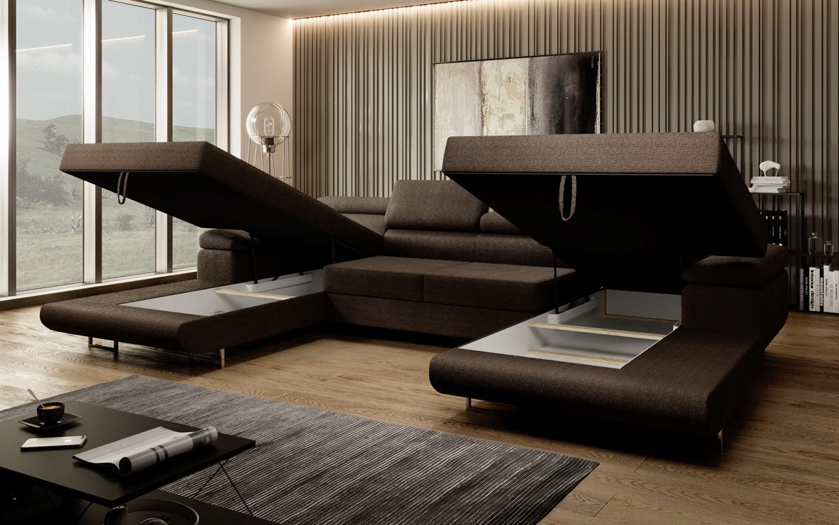 Canapé designer Calvera U avec fonction couchage et rabattable en Bouclé