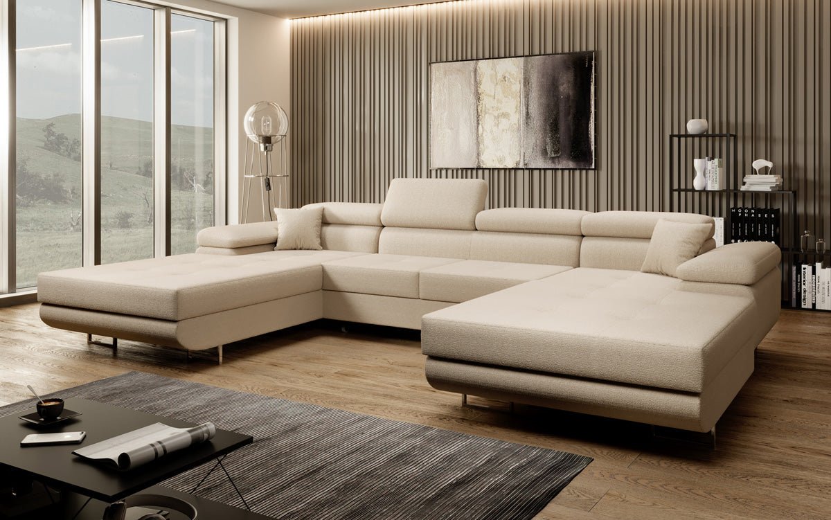 Canapé designer Calvera U avec fonction couchage et rabattable en Bouclé