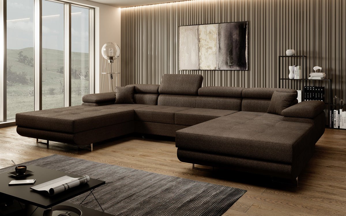 Canapé designer Calvera U avec fonction couchage et rabattable en Bouclé
