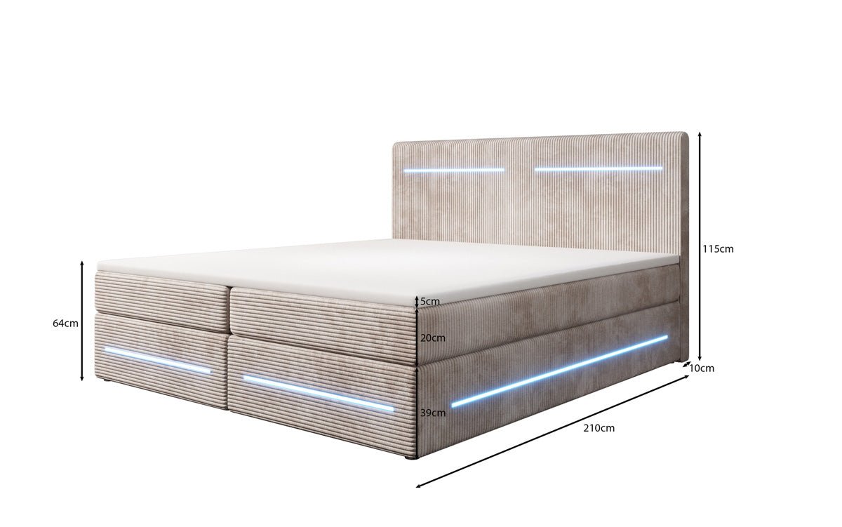 Boxspringbed Lara met opbergruimte en LED in Ribstof