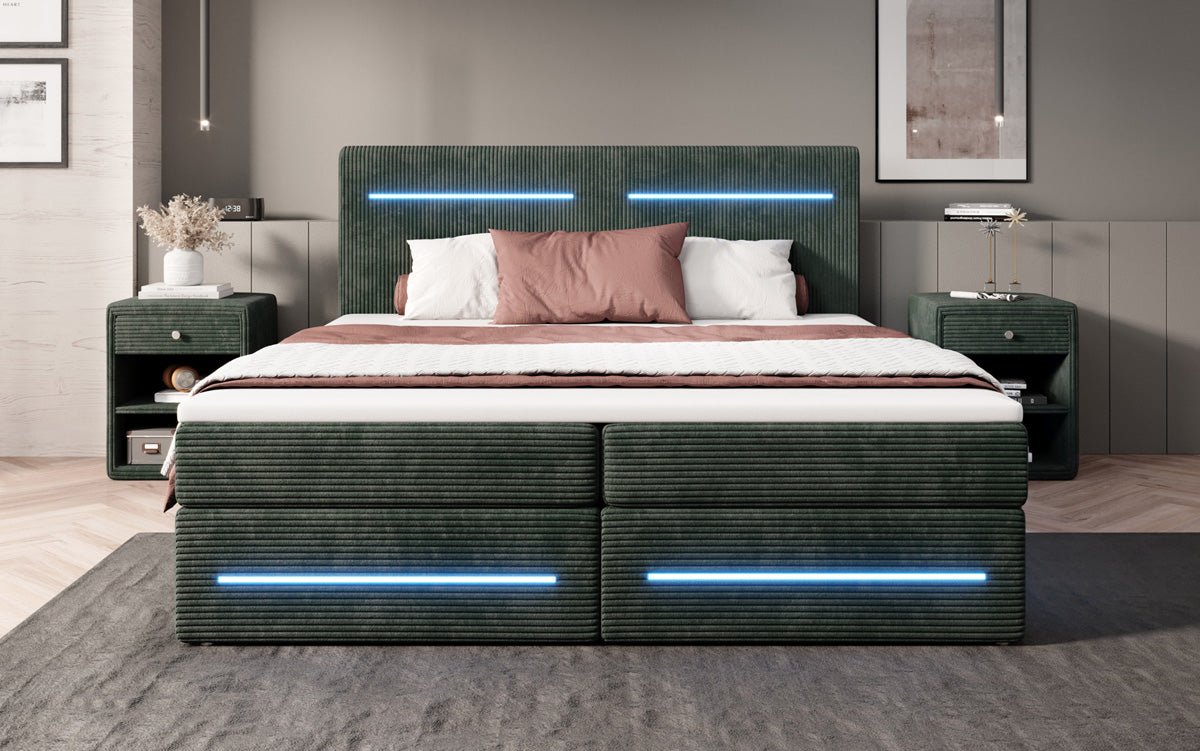 Boxspringbed Lara met opbergruimte en LED in Ribstof